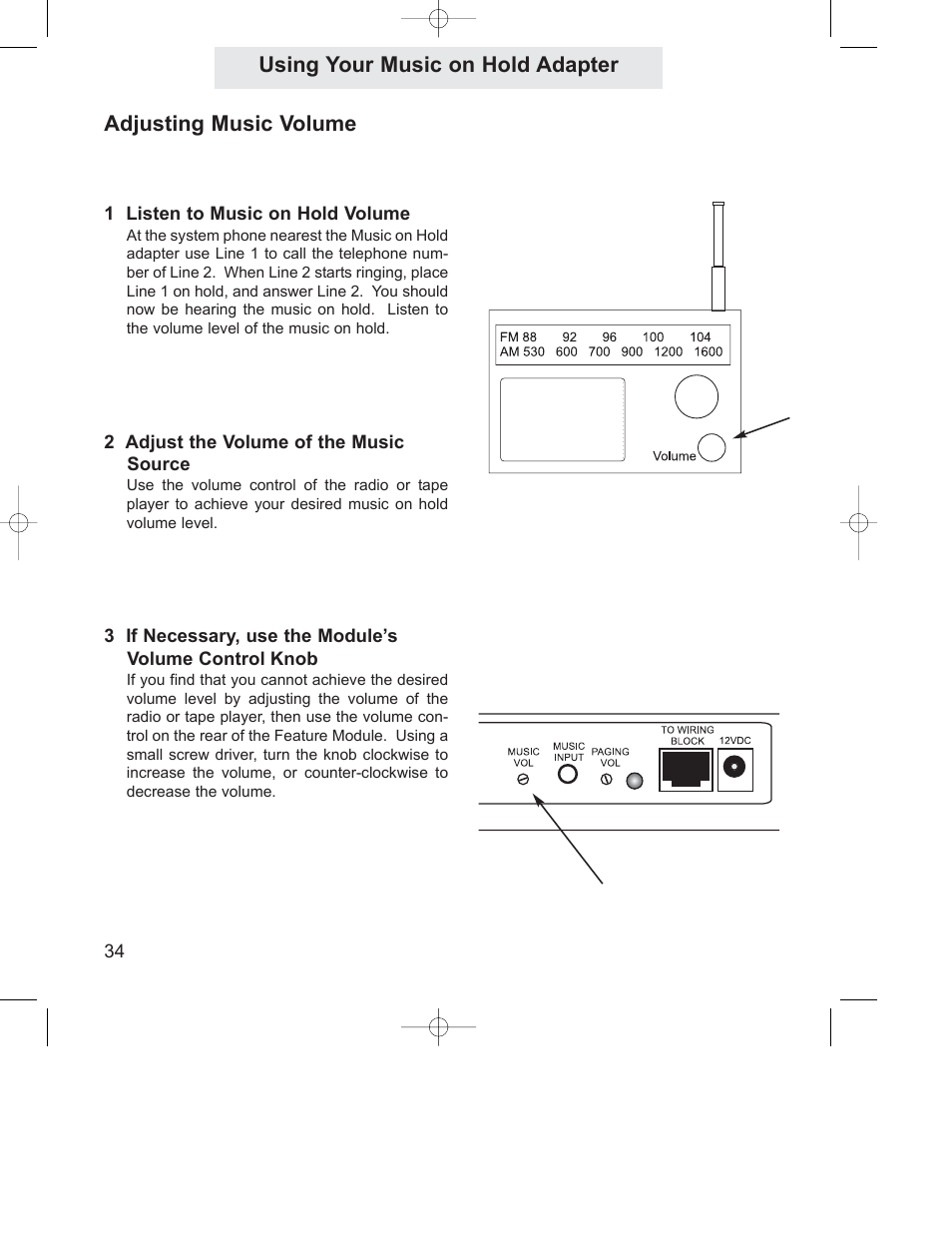 Adjusting music volume, Using your music on hold adapter | GE 800-EFM User Manual | Page 38 / 44