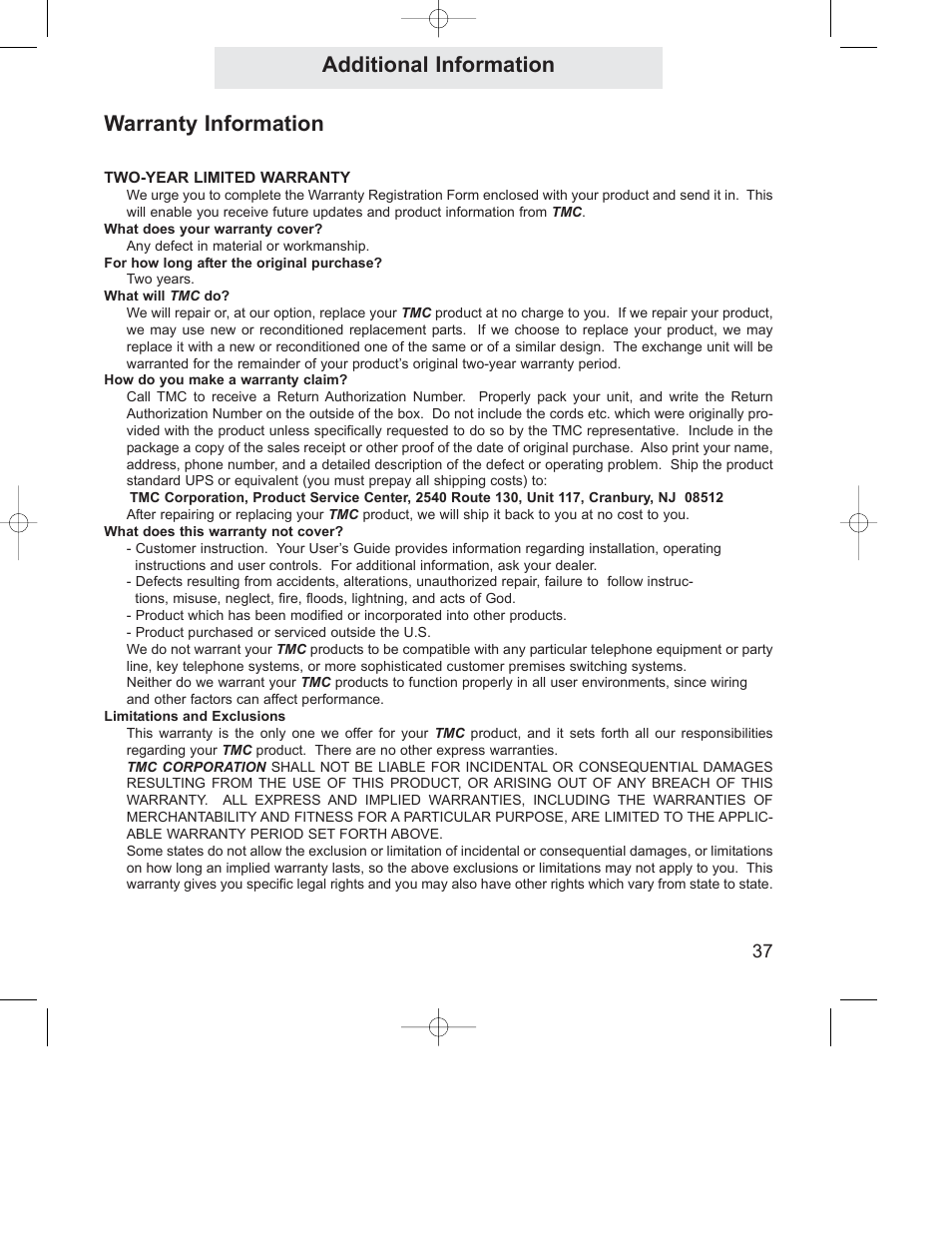 Additional information warranty information | GE 800-EFM User Manual | Page 41 / 44