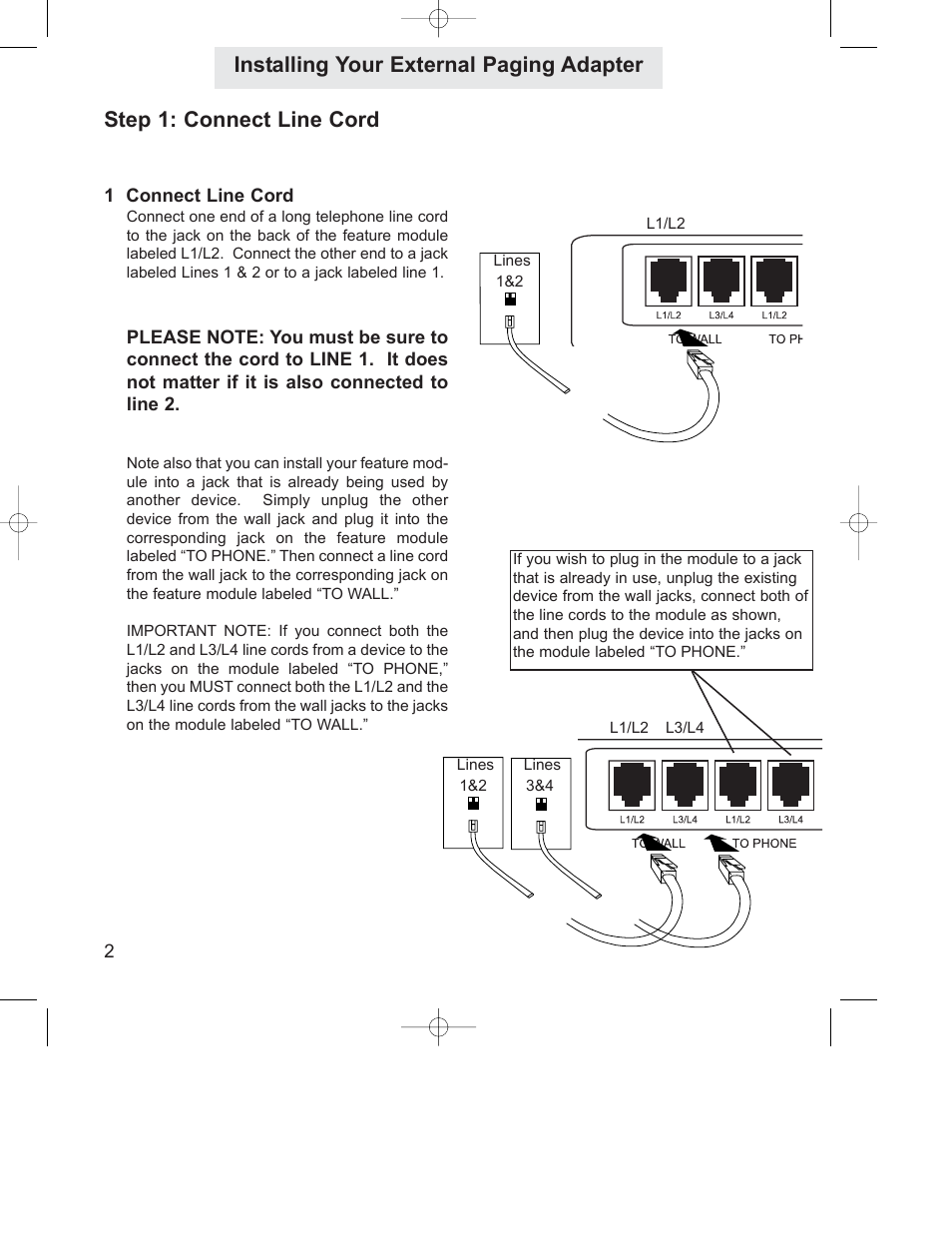 Step 1: connect line cord, Installing your external paging adapter | GE 800-EFM User Manual | Page 8 / 44