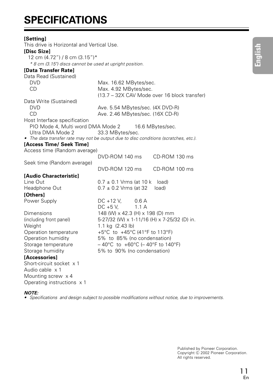 Specifications, 11 english | GE DVR-A05 User Manual | Page 11 / 60