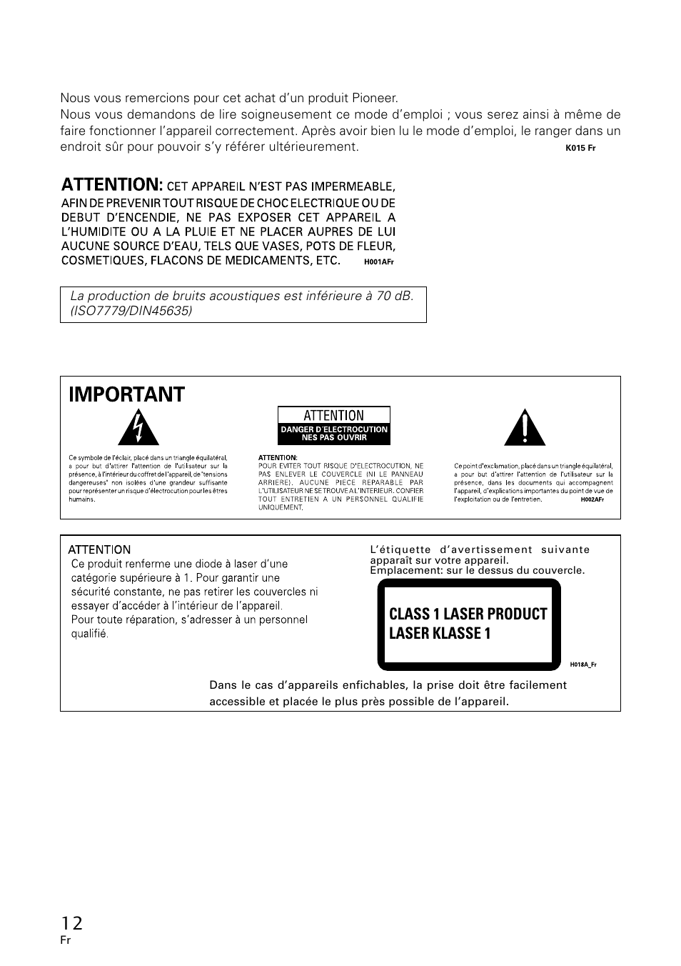 Class 1 laser product laser klasse 1 | GE DVR-A05 User Manual | Page 12 / 60