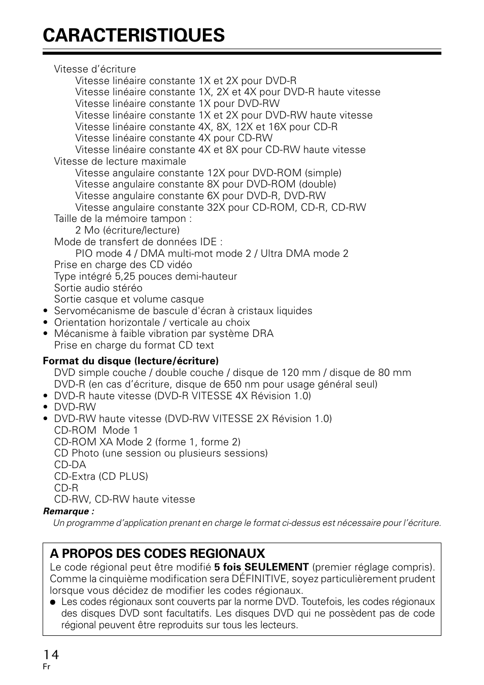 Caracteristiques, A propos des codes regionaux | GE DVR-A05 User Manual | Page 14 / 60