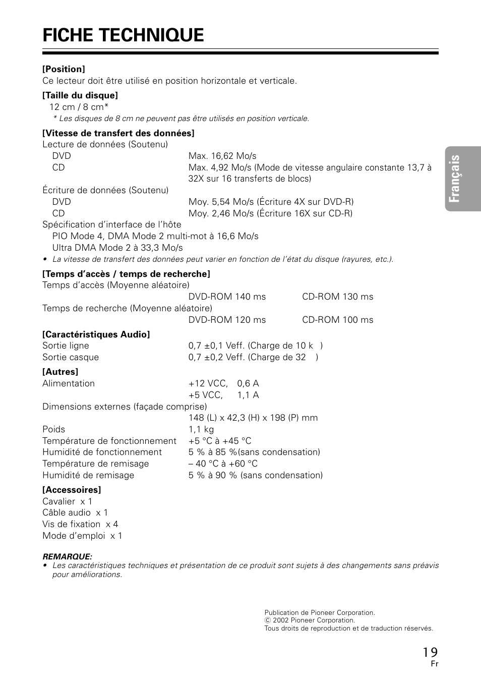 Fiche technique, Fran ç ais | GE DVR-A05 User Manual | Page 19 / 60