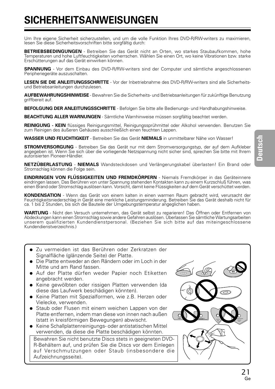 Sicherheitsanweisungen, Deutsch | GE DVR-A05 User Manual | Page 21 / 60