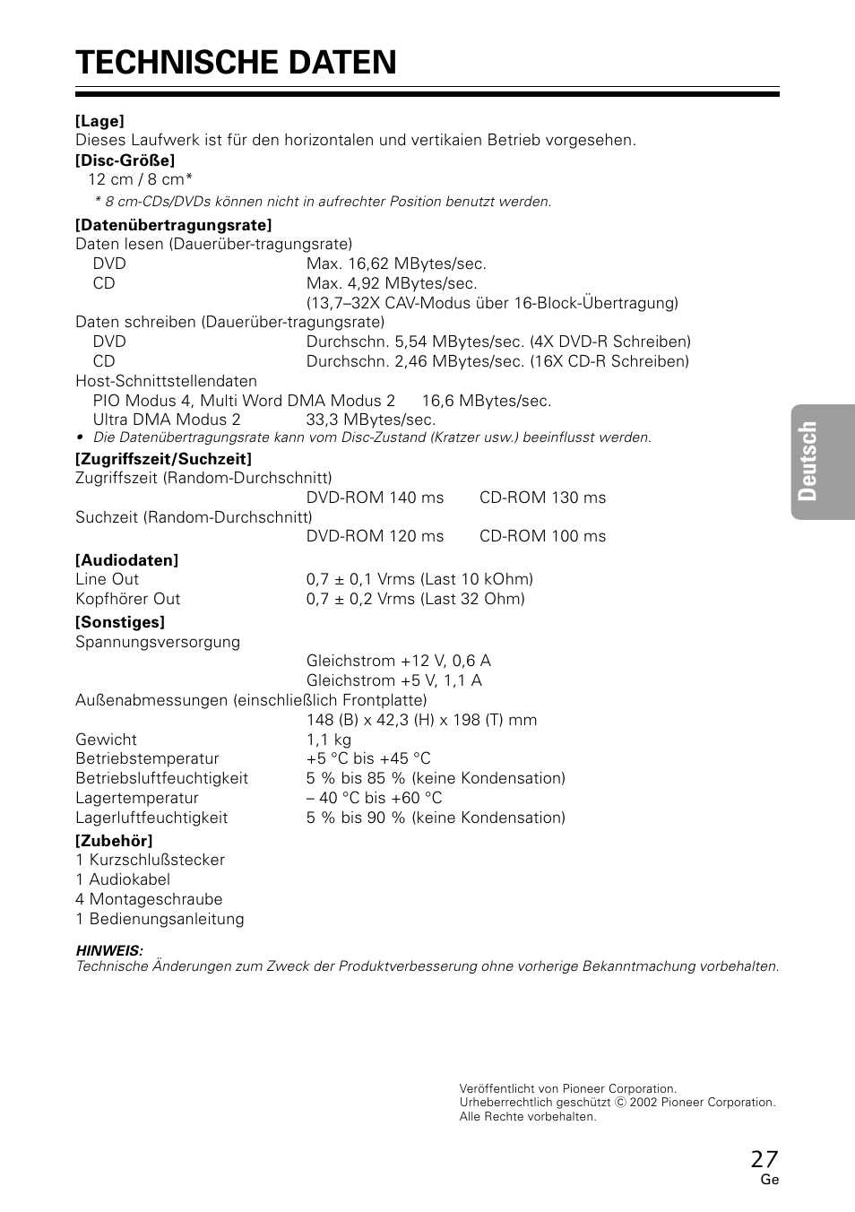 Technische daten, Deutsch | GE DVR-A05 User Manual | Page 27 / 60