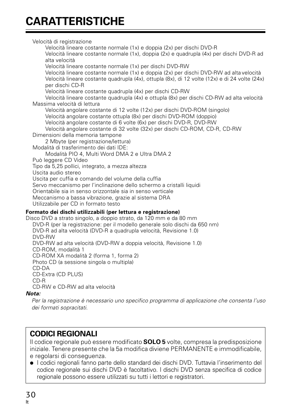 Caratteristiche, Codici regionali | GE DVR-A05 User Manual | Page 30 / 60