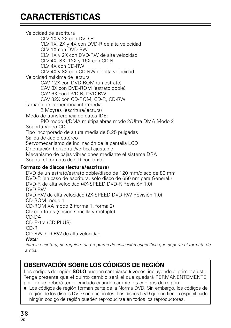 Características, Observación sobre los códigos de región | GE DVR-A05 User Manual | Page 38 / 60