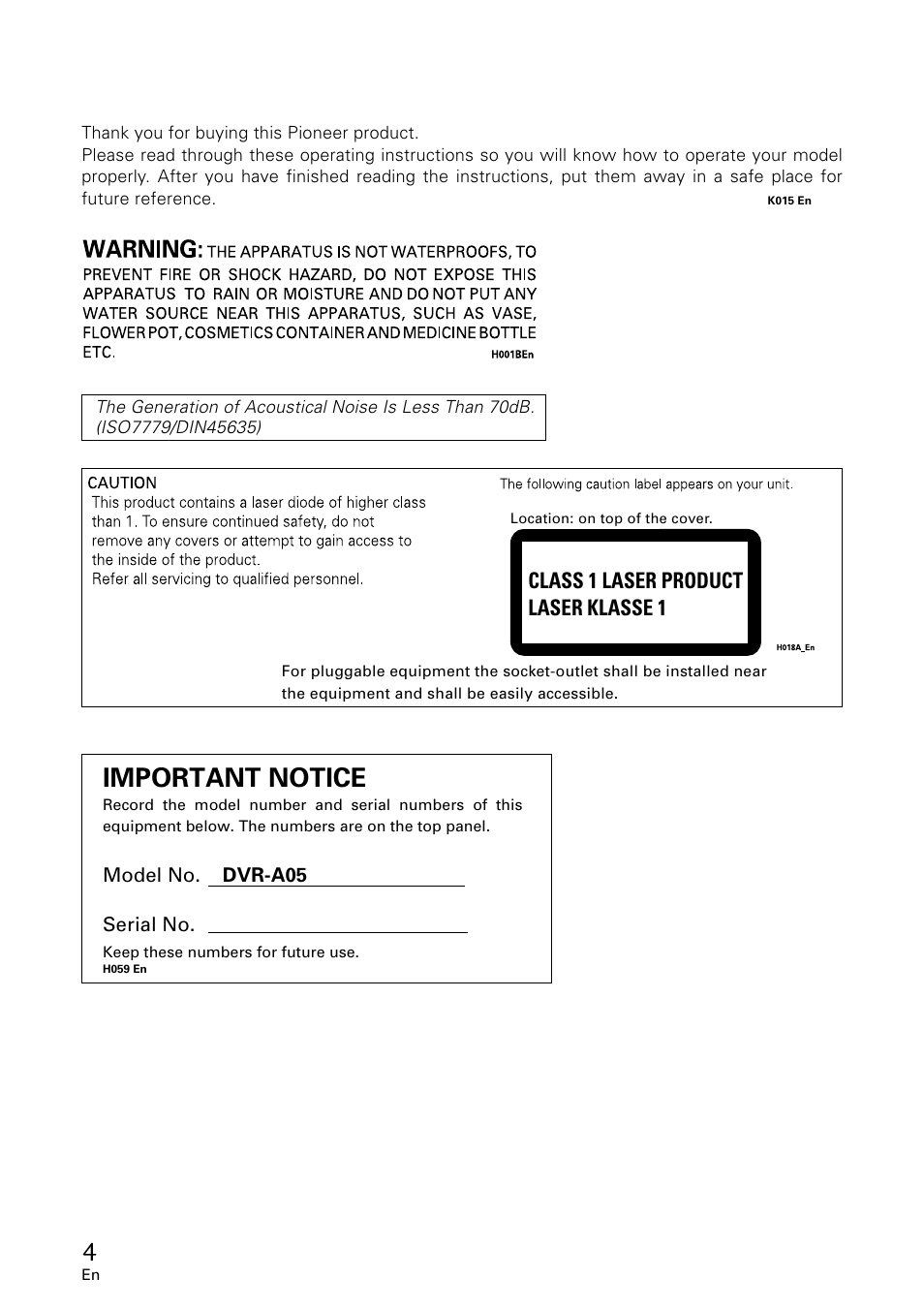 Important notice, Class 1 laser product laser klasse 1 | GE DVR-A05 User Manual | Page 4 / 60