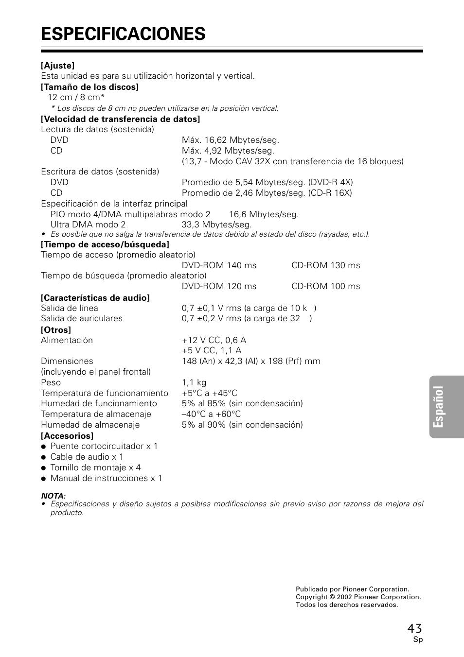 Especificaciones, Espa ñ ol | GE DVR-A05 User Manual | Page 43 / 60