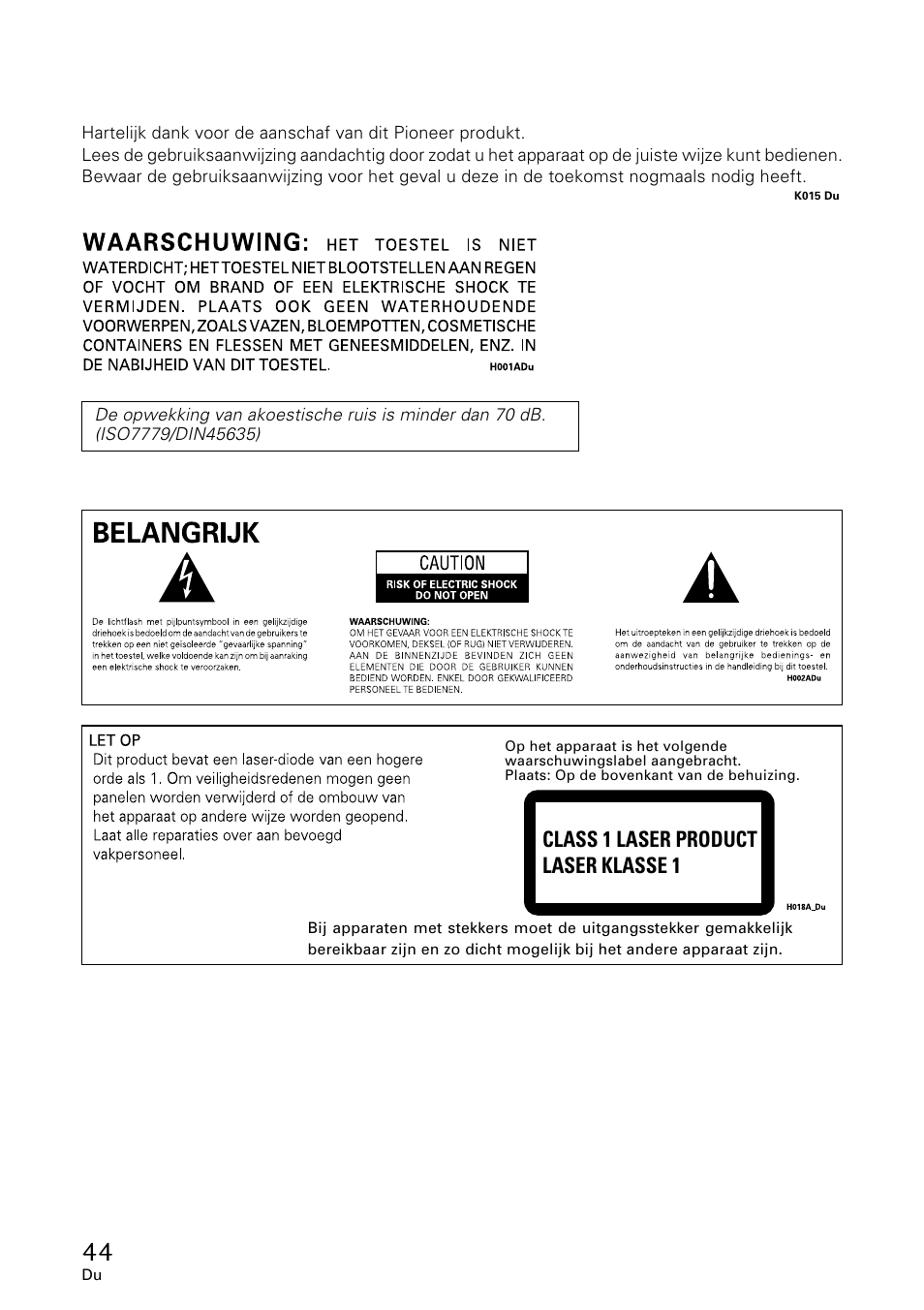 Class 1 laser product laser klasse 1 | GE DVR-A05 User Manual | Page 44 / 60