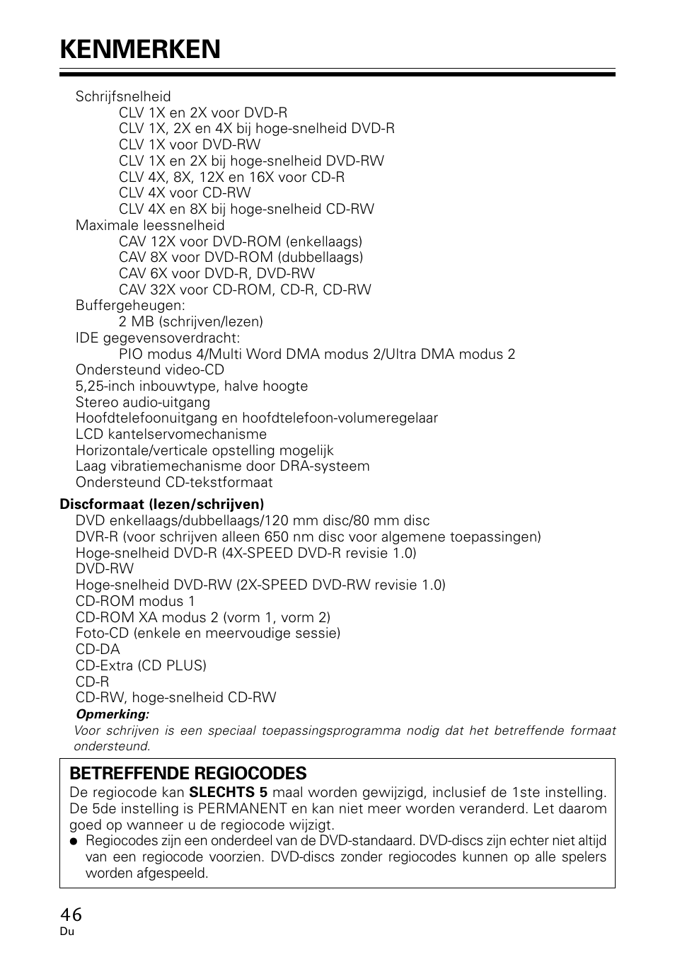 Kenmerken, Betreffende regiocodes | GE DVR-A05 User Manual | Page 46 / 60