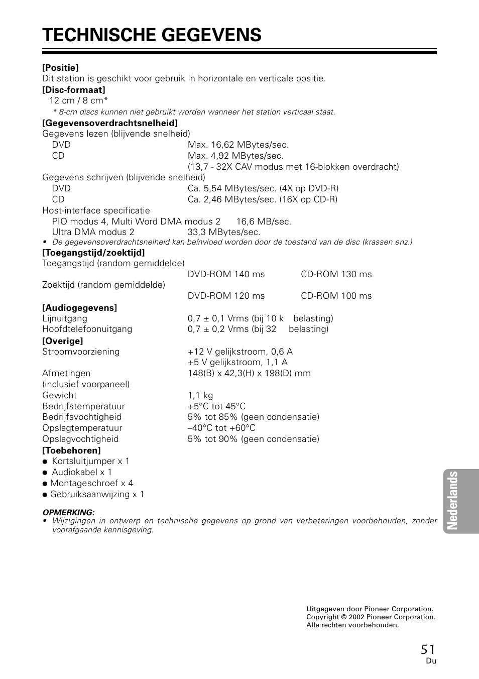 Technische gegevens, Nederlands | GE DVR-A05 User Manual | Page 51 / 60