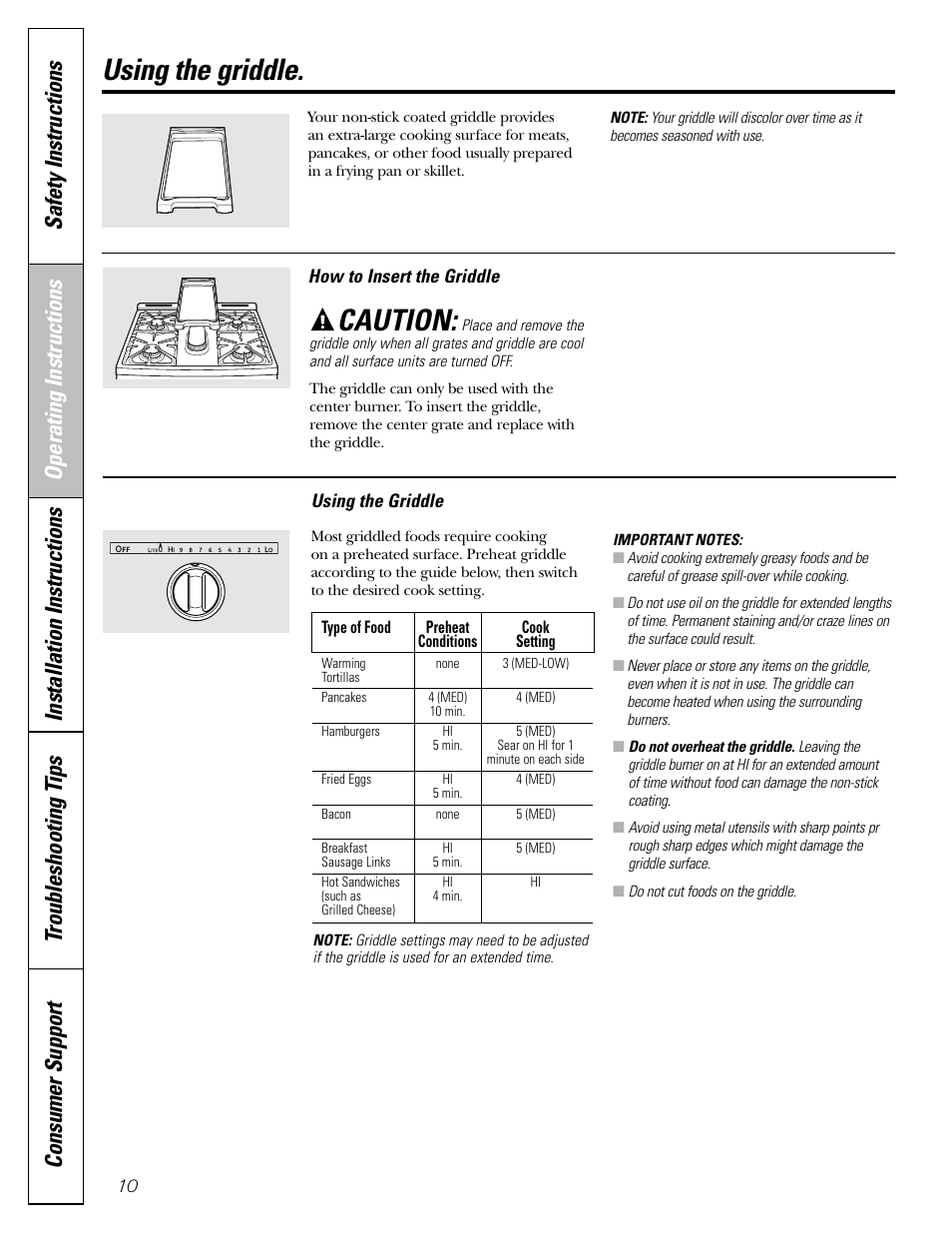 Griddle, Using the griddle. caution | GE CGS980 User Manual | Page 10 / 60