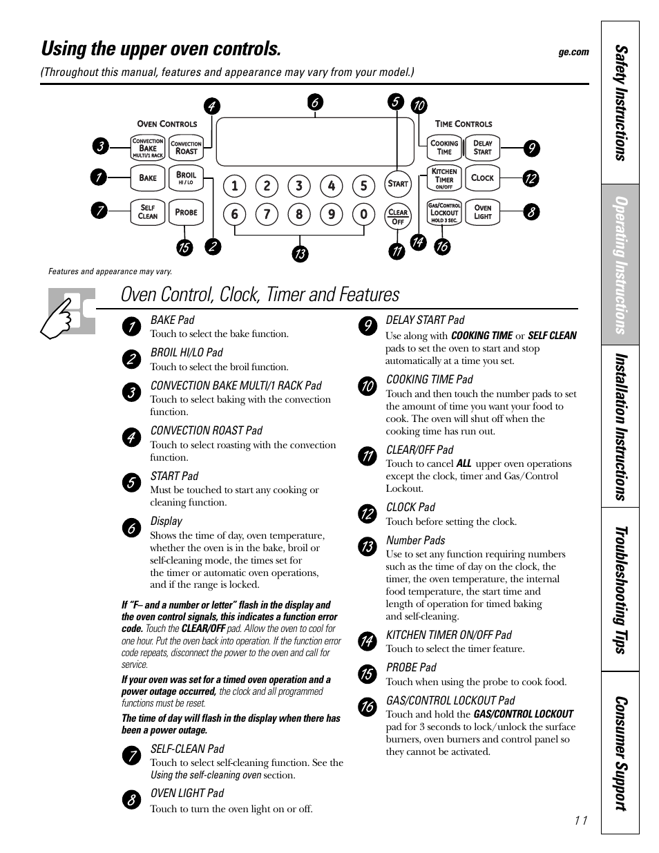 Oven, Oven control, Oven –31 | Using the upper oven controls, Oven control, clock, timer and features | GE CGS980 User Manual | Page 11 / 60