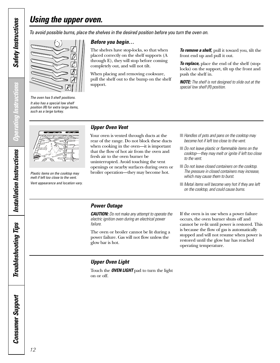 Power outage, Shelves, Using the upper oven | Operating instructions | GE CGS980 User Manual | Page 12 / 60