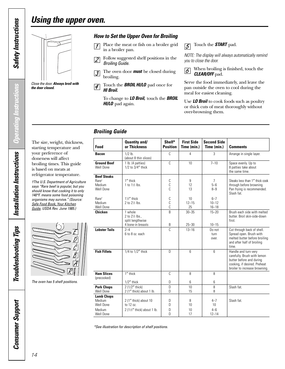 Broiling, broiling guide, Using the upper oven, Broiling guide | How to set the upper oven for broiling | GE CGS980 User Manual | Page 14 / 60