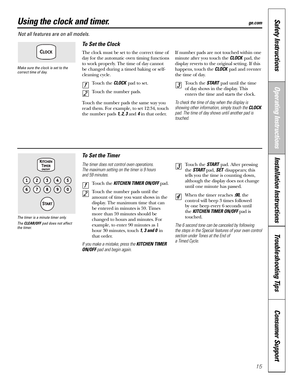Clock and timer, Clock and timer , 16, Using the clock and timer | GE CGS980 User Manual | Page 15 / 60