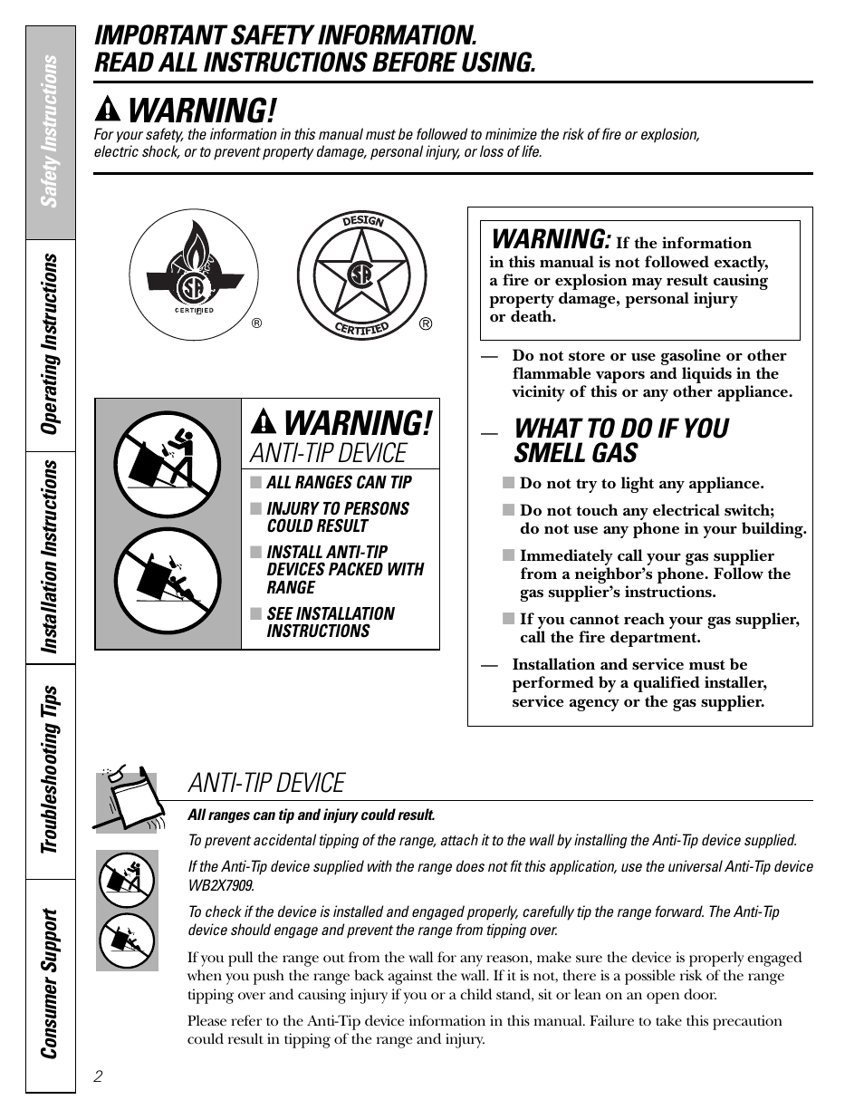 Safety instructions, What to do if you smell gas, Warning | Anti-tip device | GE CGS980 User Manual | Page 2 / 60