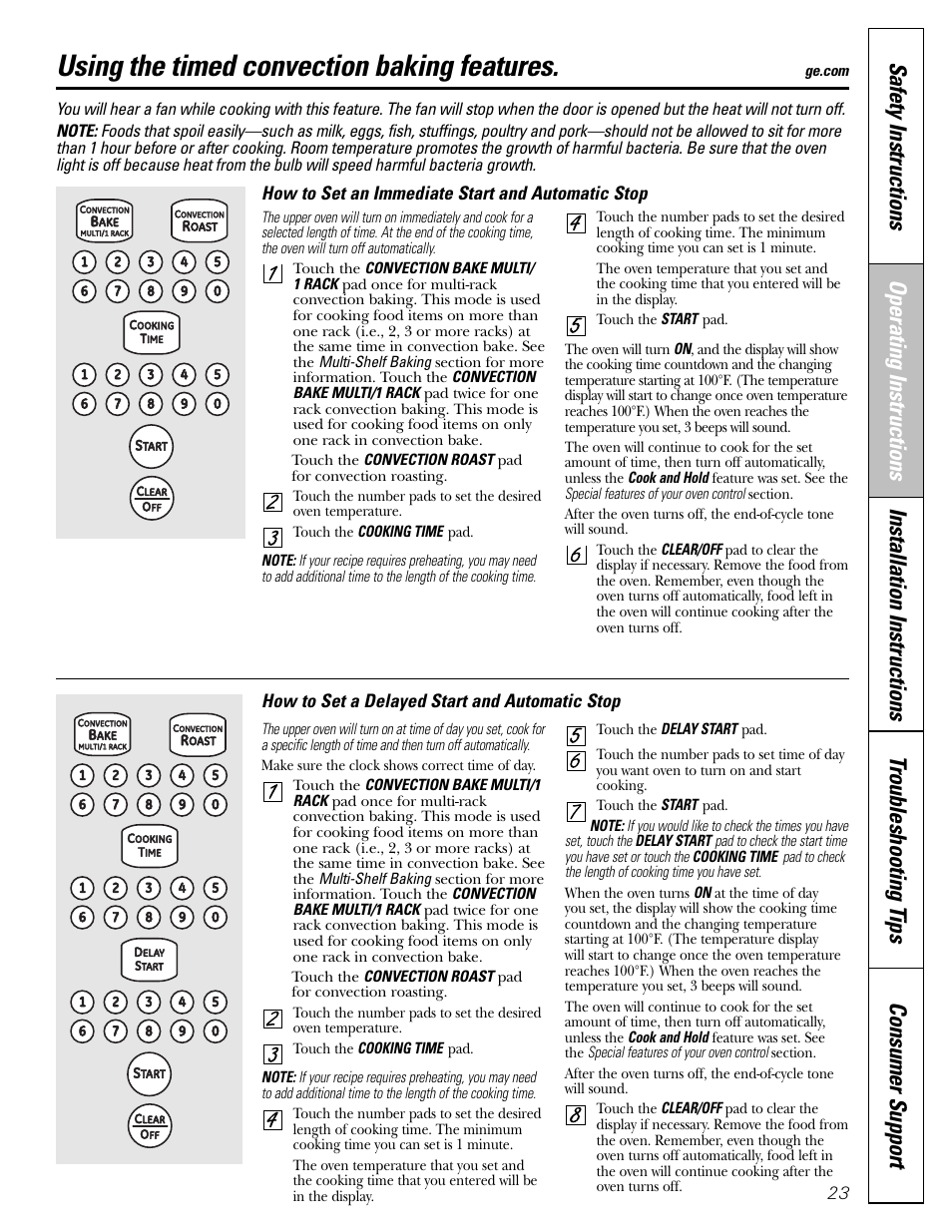 Timed convection baking, Using the timed convection baking features | GE CGS980 User Manual | Page 23 / 60