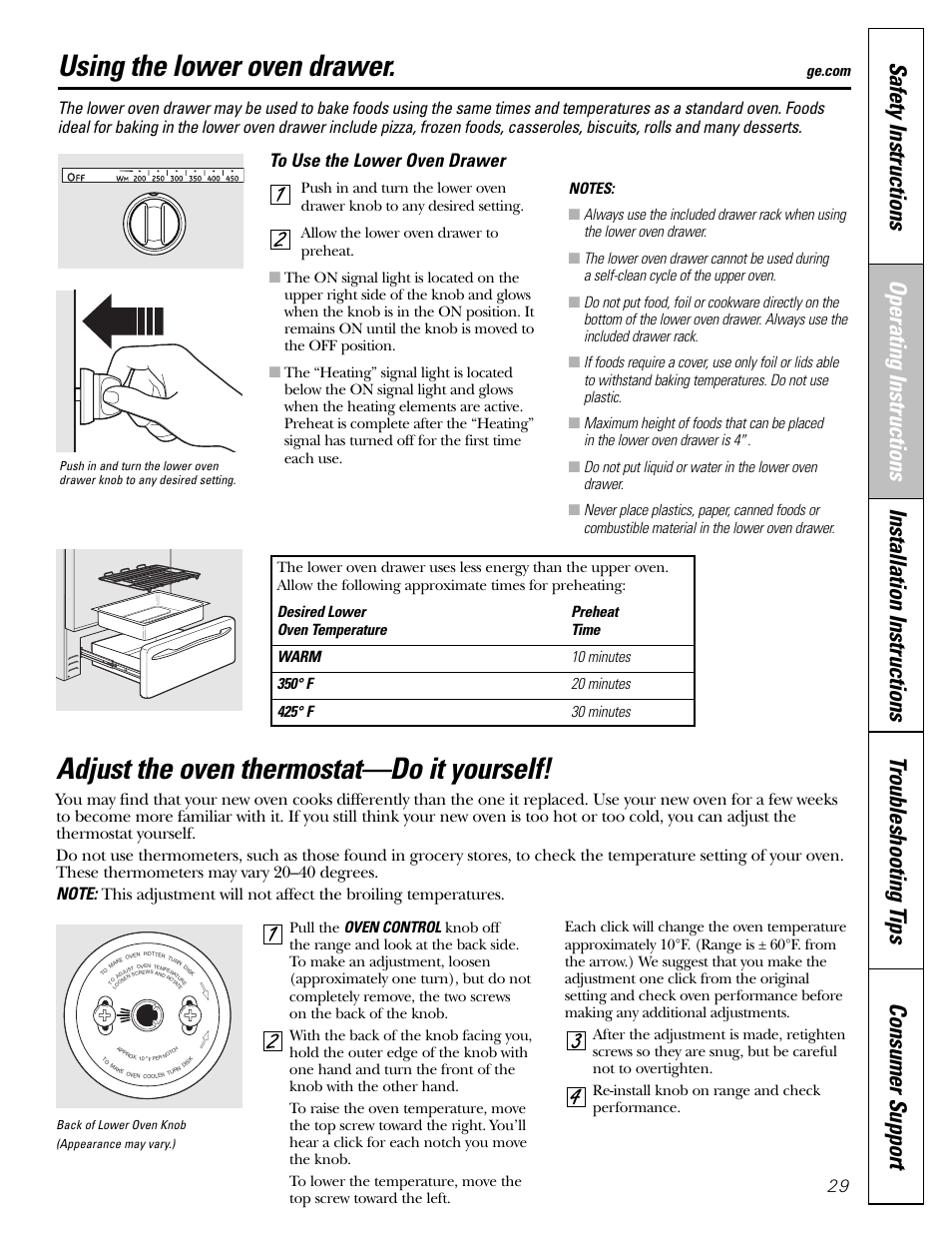 Lower oven drawer, Using the lower oven drawer, Adjust the oven thermostat—do it yourself | GE CGS980 User Manual | Page 29 / 60