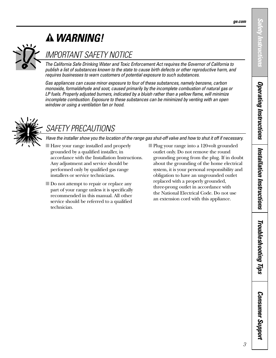 Warning, Safety precautions important safety notice | GE CGS980 User Manual | Page 3 / 60