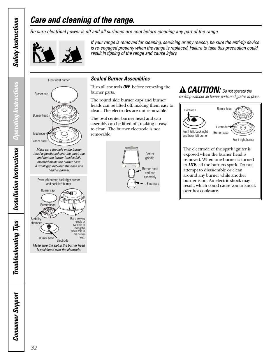 Burner assembly, Burner assembly , 33, Caution | Care and cleaning of the range, Sealed burner assemblies | GE CGS980 User Manual | Page 32 / 60