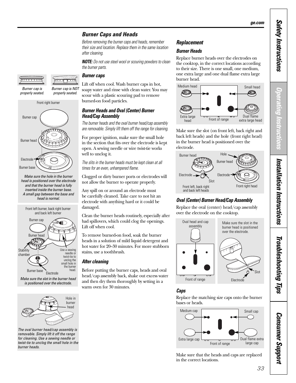 Burner caps and heads, Replacement | GE CGS980 User Manual | Page 33 / 60