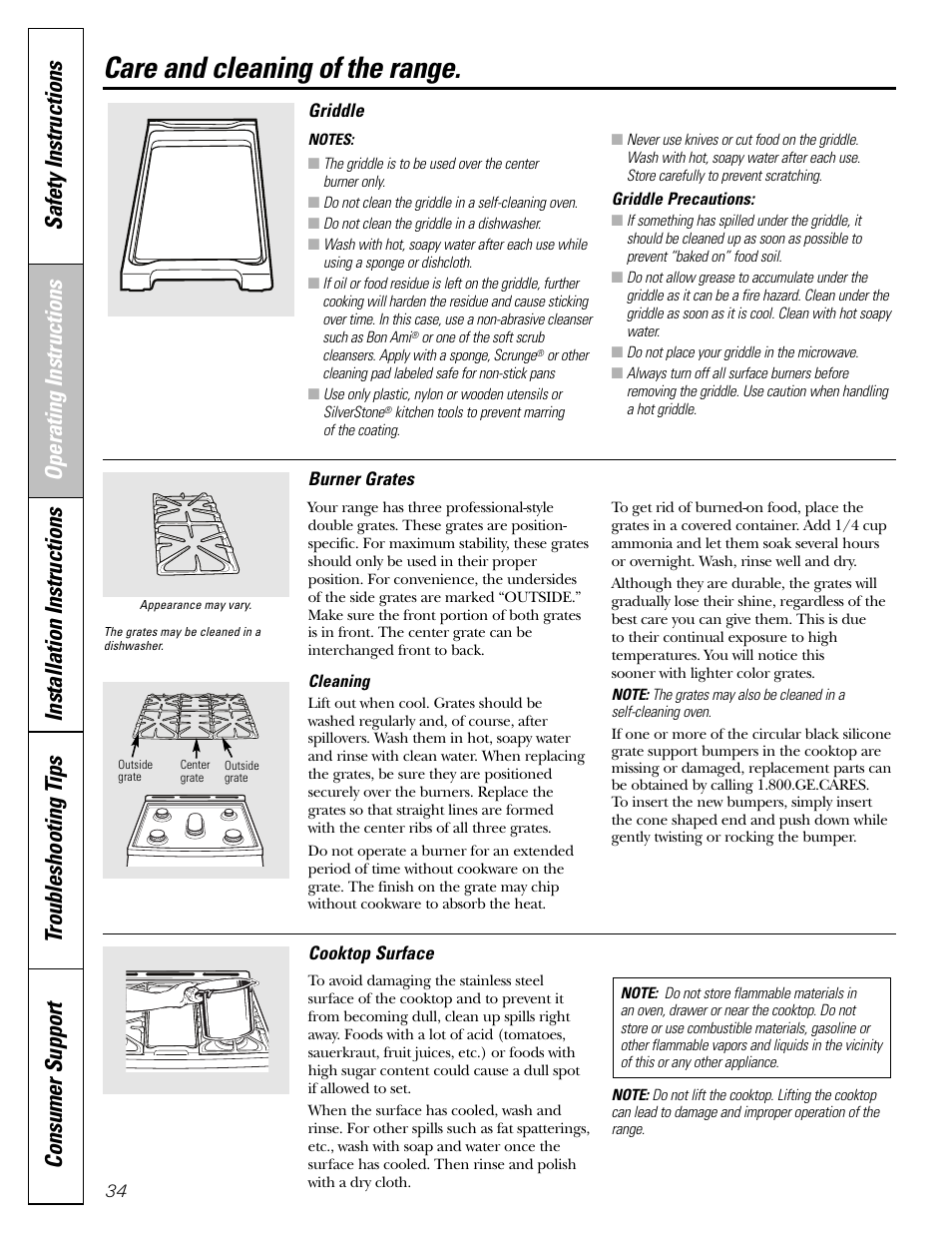 Burner grates, Cooktop, Griddle | Care and cleaning of the range | GE CGS980 User Manual | Page 34 / 60