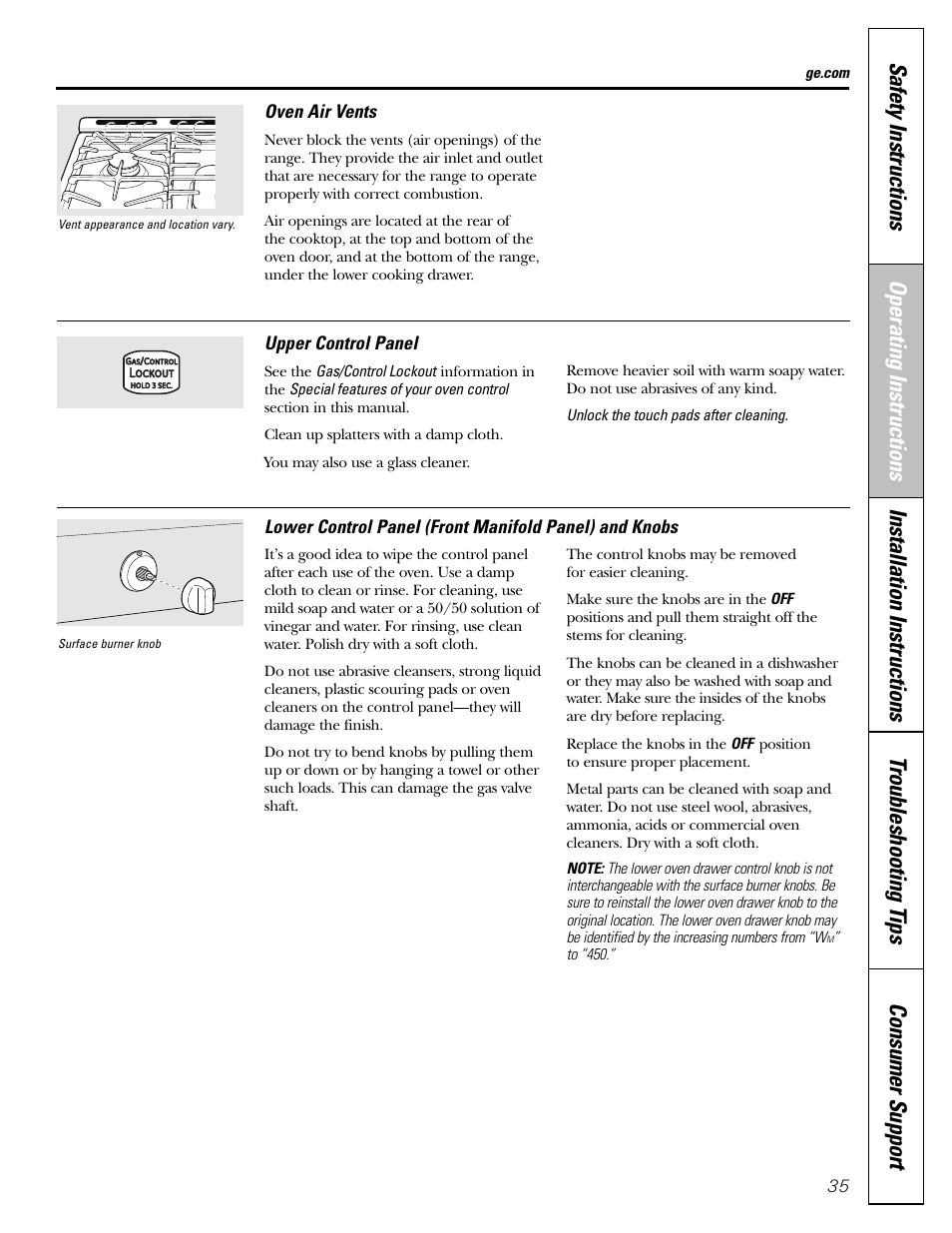 Control panel and knobs, Oven vents | GE CGS980 User Manual | Page 35 / 60