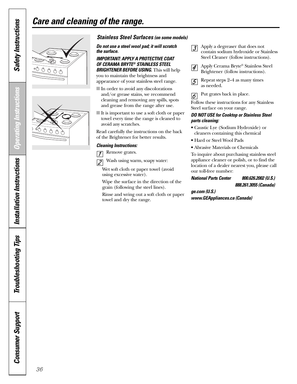 Stainless steel surfaces, Care and cleaning of the range | GE CGS980 User Manual | Page 36 / 60