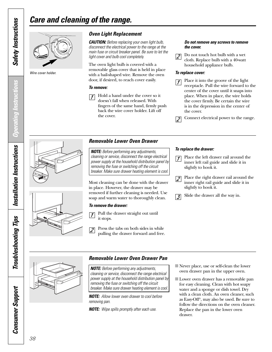 Oven light replacement, Drawer, Care and cleaning of the range | GE CGS980 User Manual | Page 38 / 60