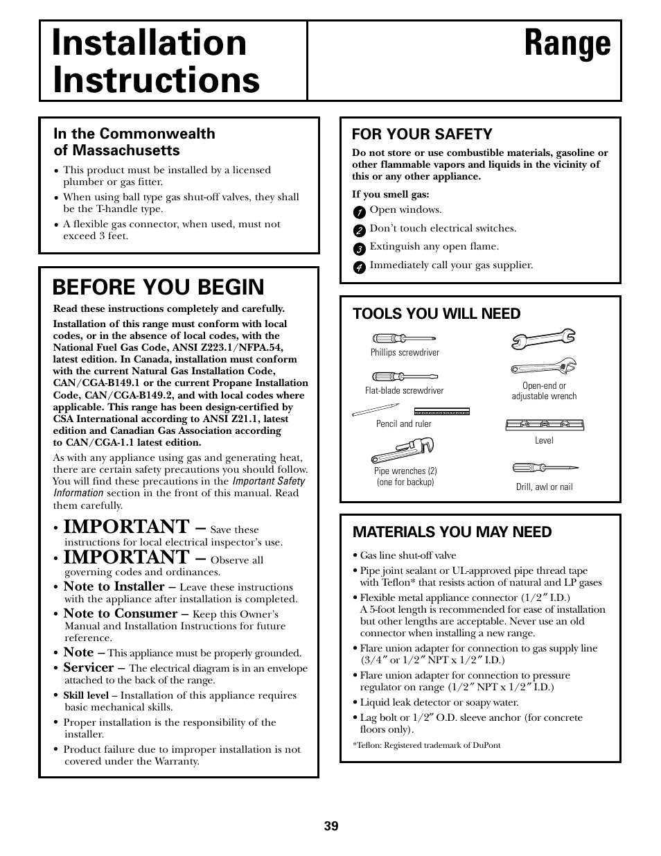 Installation instructions, Installation, Instructions | Installation range instructions, Before you begin, Important, For your safety, Tools you will need, Materials you may need | GE CGS980 User Manual | Page 39 / 60