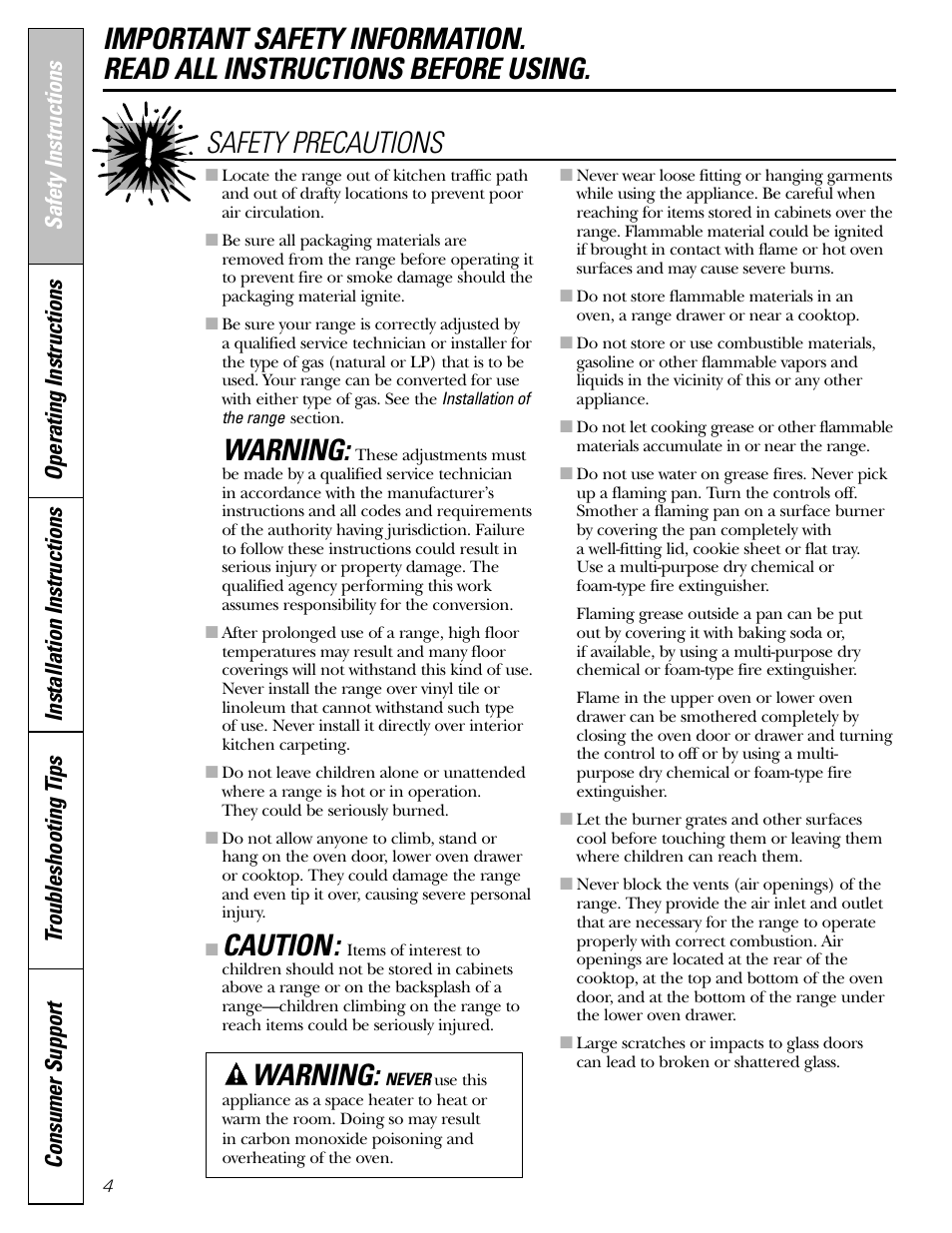 Warning, Caution, Safety precautions | GE CGS980 User Manual | Page 4 / 60