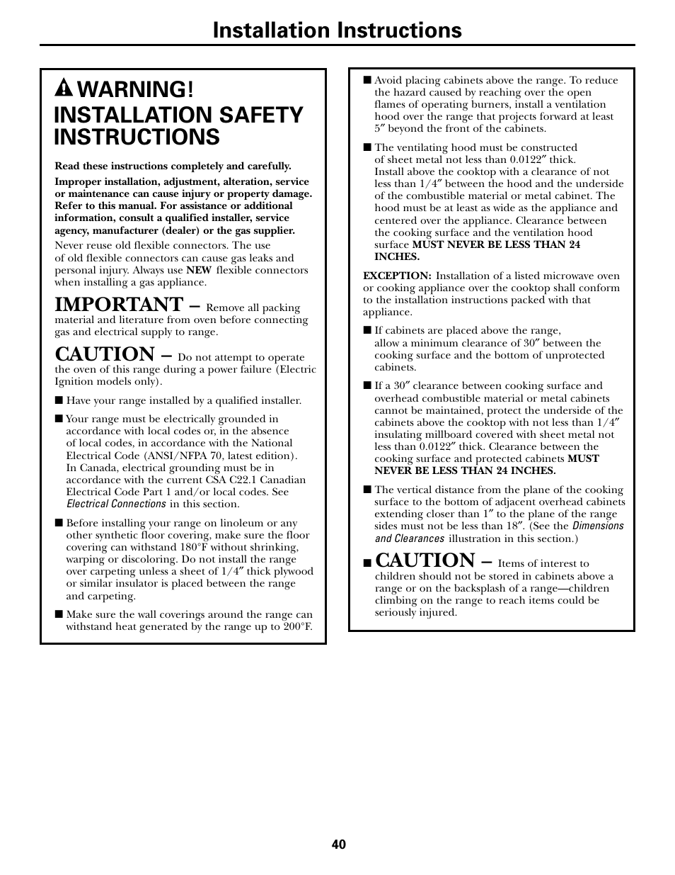 Important, Caution | GE CGS980 User Manual | Page 40 / 60