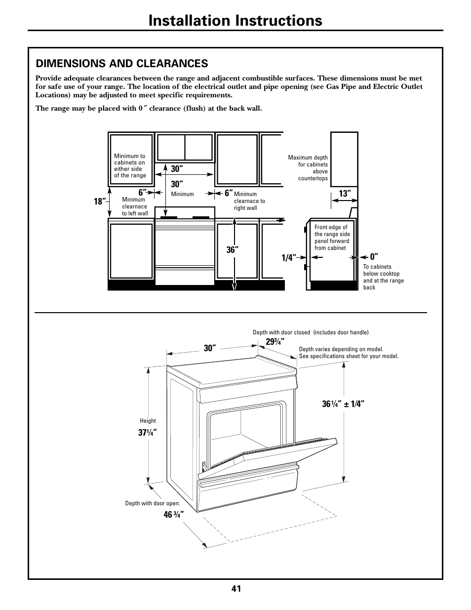 Dimensions and clearances, Installation instructions | GE CGS980 User Manual | Page 41 / 60