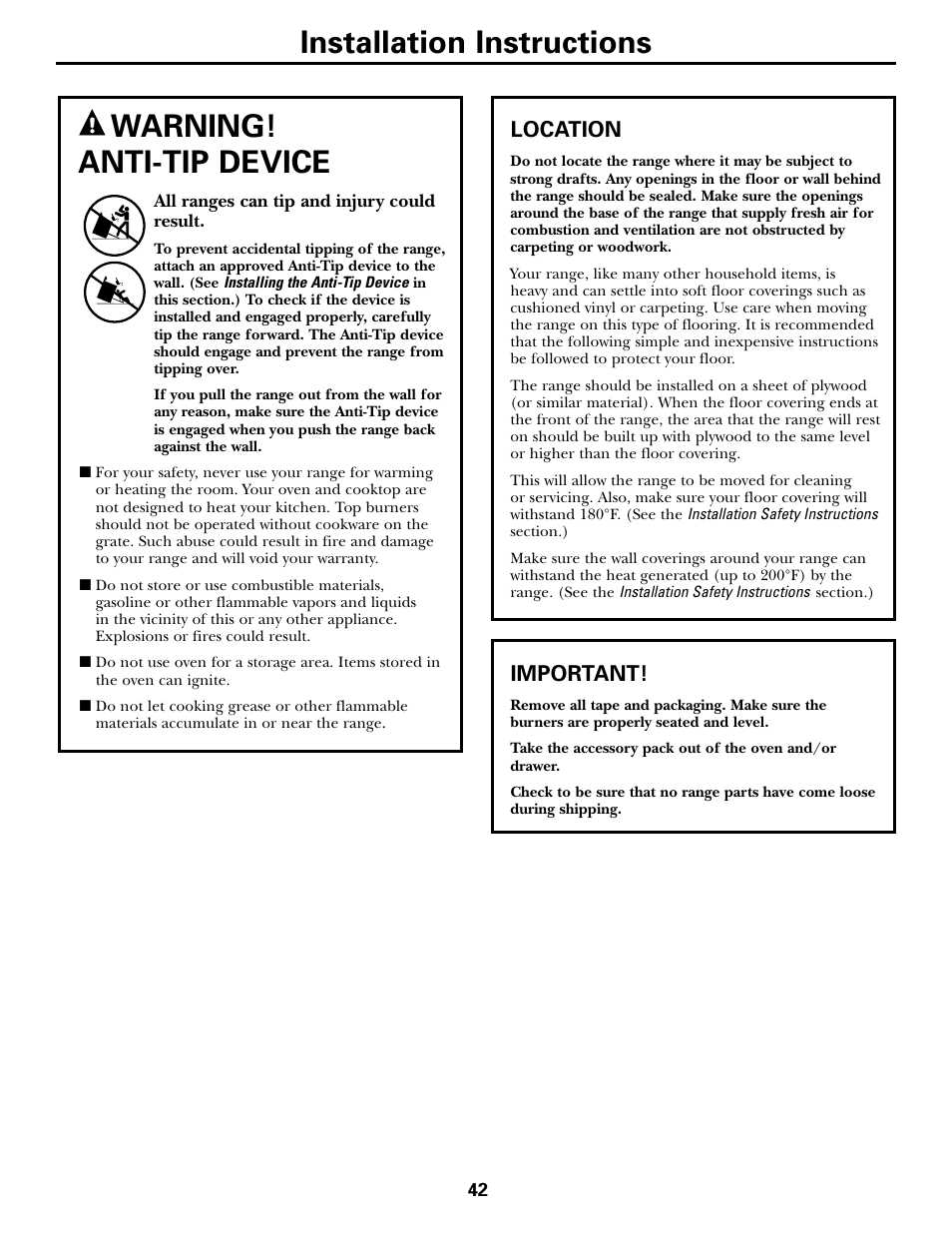 Anti-tip device, Anti-tip device , 50, Installation instructions warning! anti-tip device | GE CGS980 User Manual | Page 42 / 60