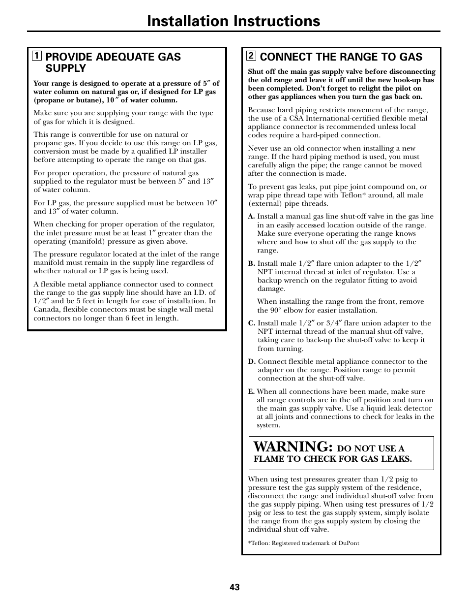 Connecting the range to gas, Connecting the range to gas –45, Installation instructions | Warning, Provide adequate gas supply, Connect the range to gas | GE CGS980 User Manual | Page 43 / 60