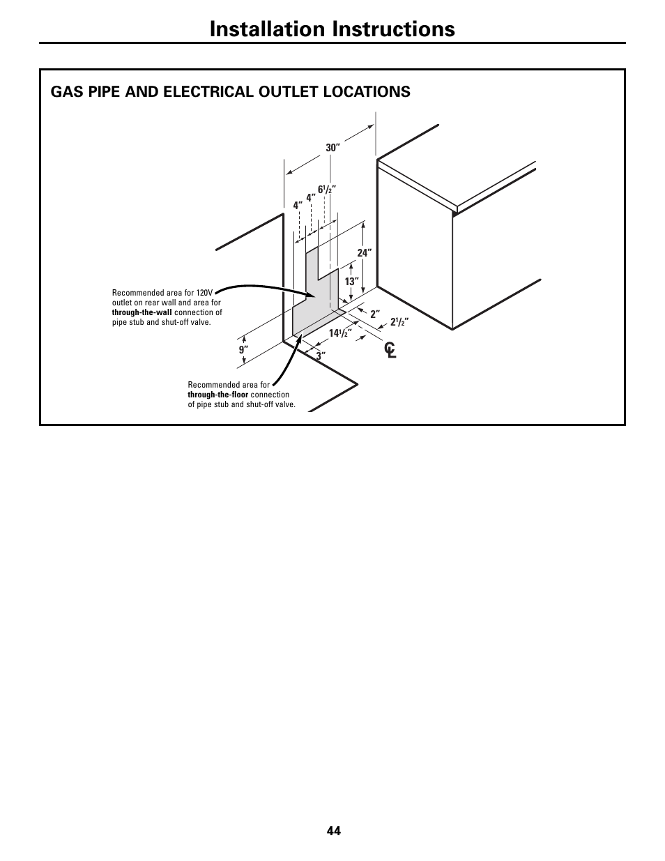 Installation instructions, Gas pipe and electrical outlet locations | GE CGS980 User Manual | Page 44 / 60