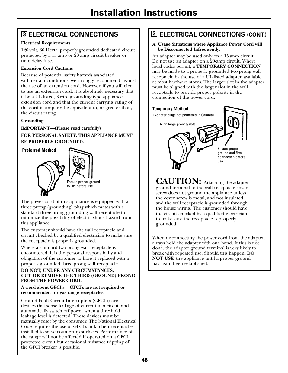 Electrical connections, Electrical connections , 47, Installation instructions | Caution | GE CGS980 User Manual | Page 46 / 60