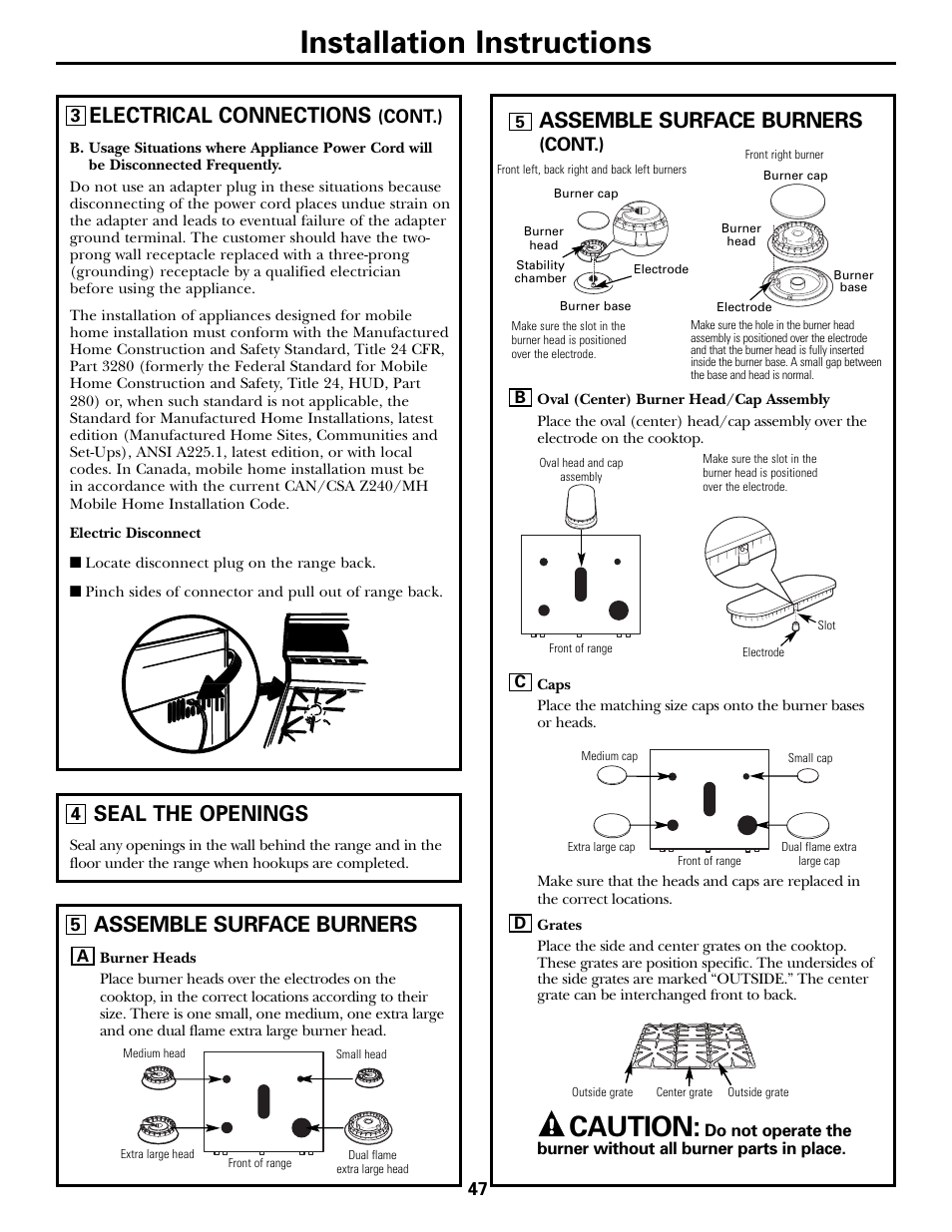 Assemble surface burners, Installation instructions, Caution | Electrical connections, Seal the openings | GE CGS980 User Manual | Page 47 / 60