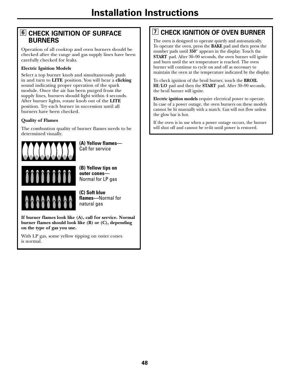 Checking burner ignition, Installation instructions, Check ignition of surface burners | Check ignition of oven burner | GE CGS980 User Manual | Page 48 / 60