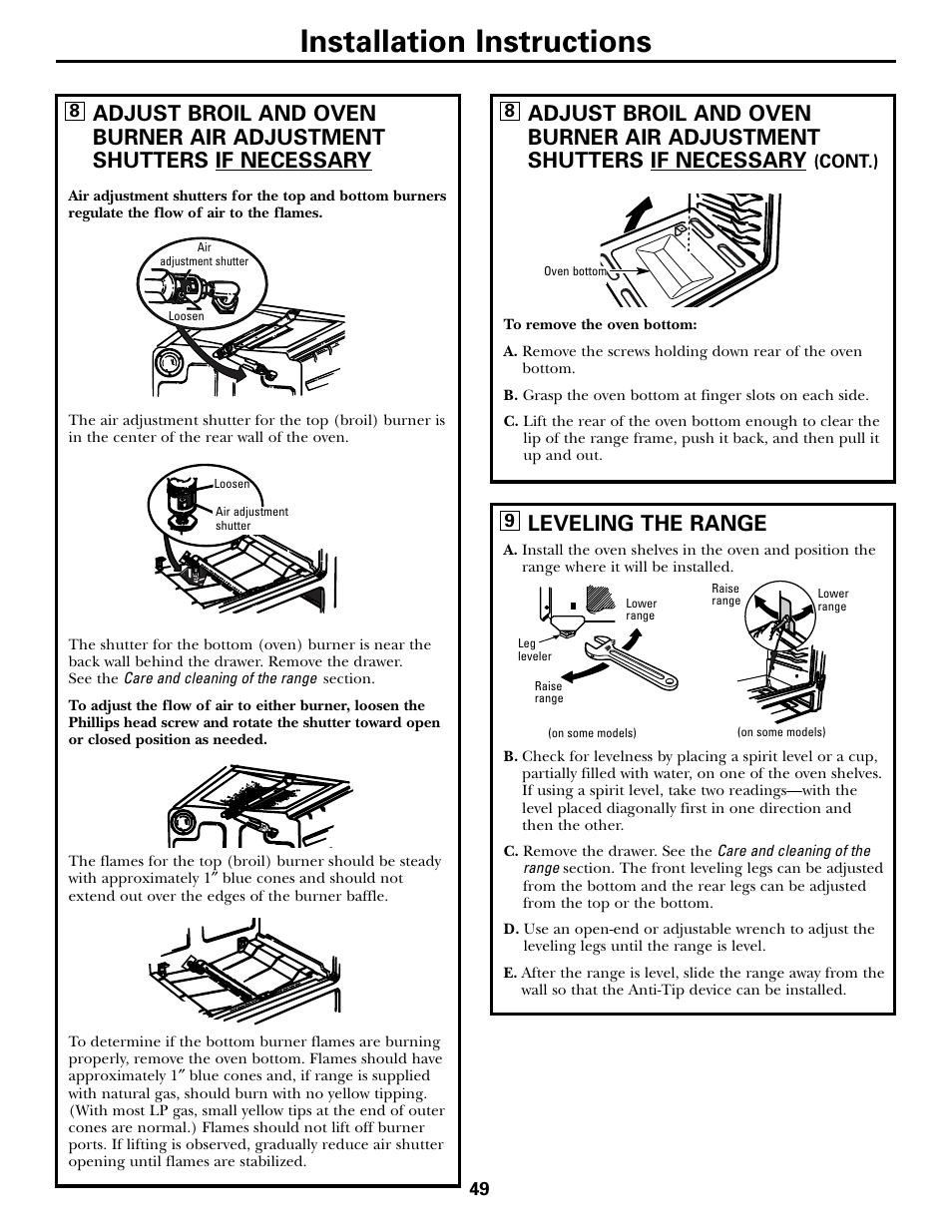 Air adjustment, Leveling the range, Installation instructions | GE CGS980 User Manual | Page 49 / 60