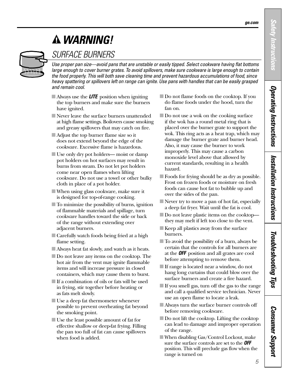 Warning, Surface burners | GE CGS980 User Manual | Page 5 / 60