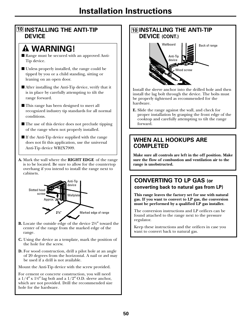 Installation instructions, Warning, Installing the anti-tip device | When all hookups are completed, Converting to lp gas | GE CGS980 User Manual | Page 50 / 60