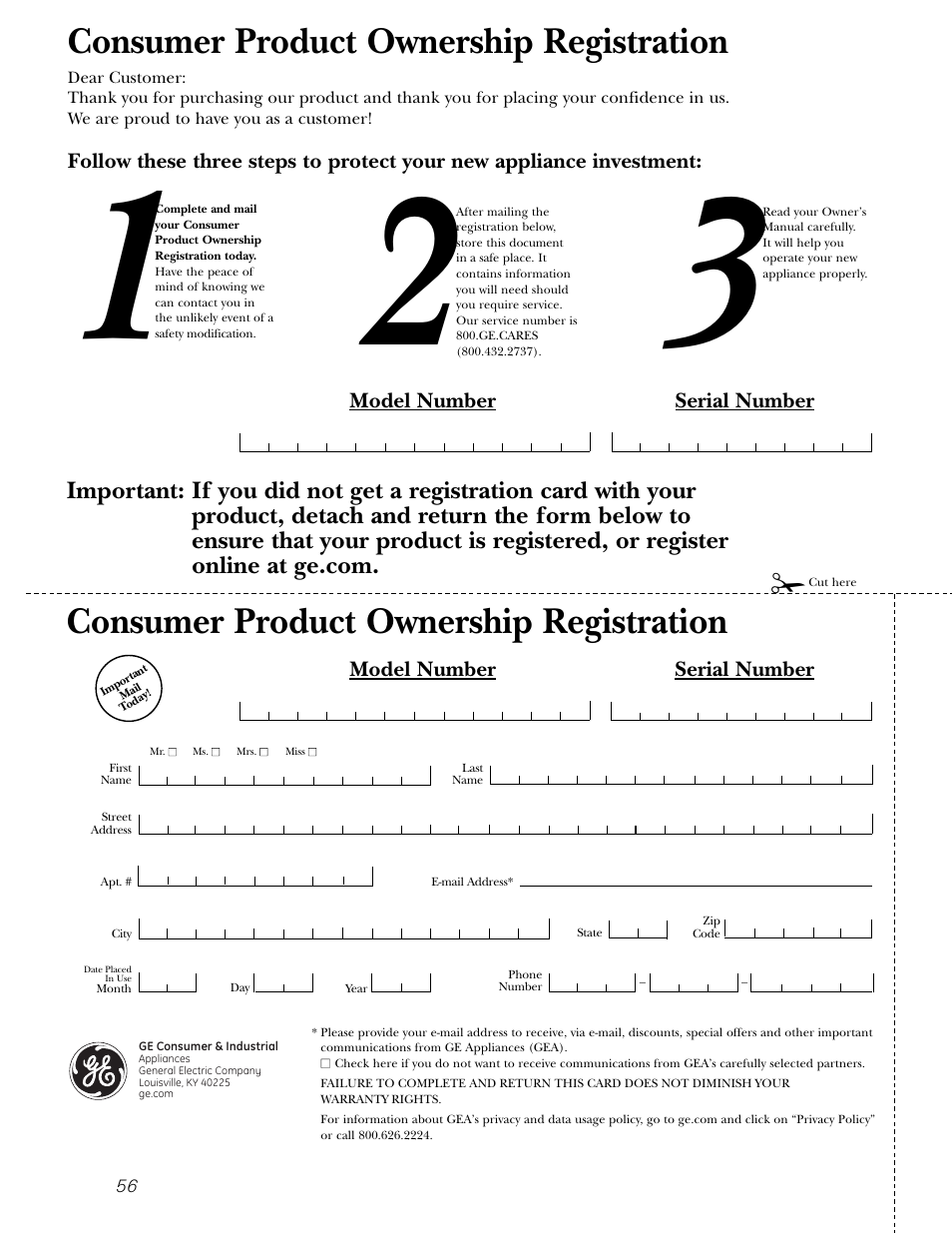 Product registration, Product registration , 57, Consumer product ownership registration | Model number serial number | GE CGS980 User Manual | Page 56 / 60