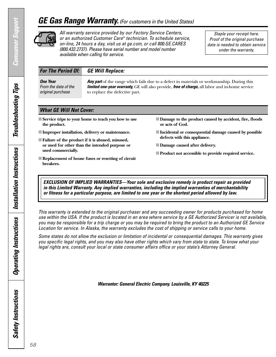 Warranty for customers in the u.s.a, Ge gas range warranty | GE CGS980 User Manual | Page 58 / 60