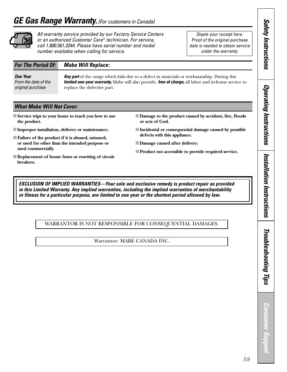 Warranty for customers in canada, Ge gas range warranty | GE CGS980 User Manual | Page 59 / 60