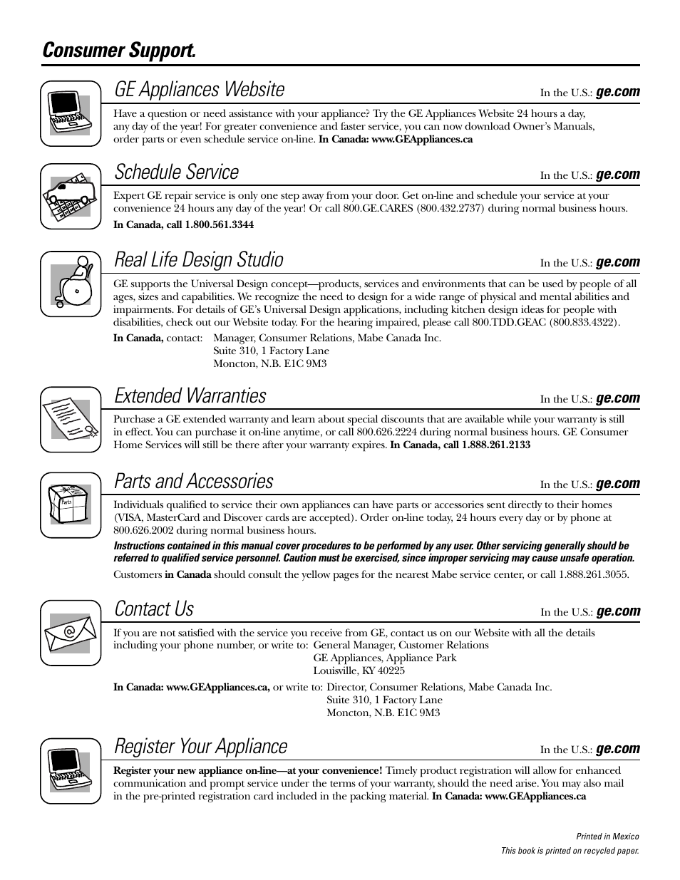 Consumer support, Consumer support . .back cover, Consumer support. ge appliances website | Schedule service, Real life design studio, Extended warranties, Parts and accessories, Contact us, Register your appliance | GE CGS980 User Manual | Page 60 / 60