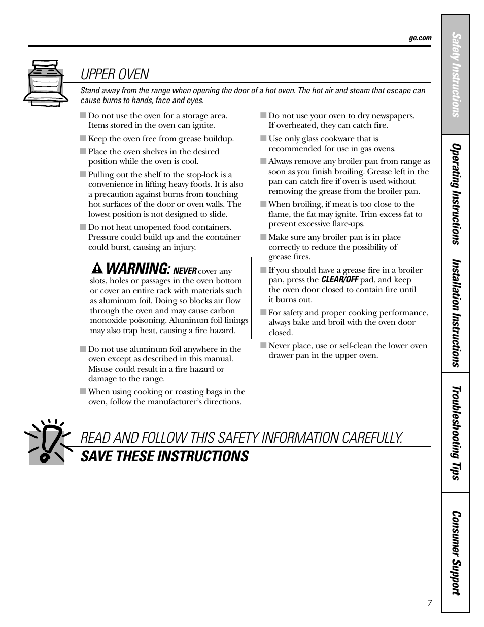 Upper oven warning | GE CGS980 User Manual | Page 7 / 60