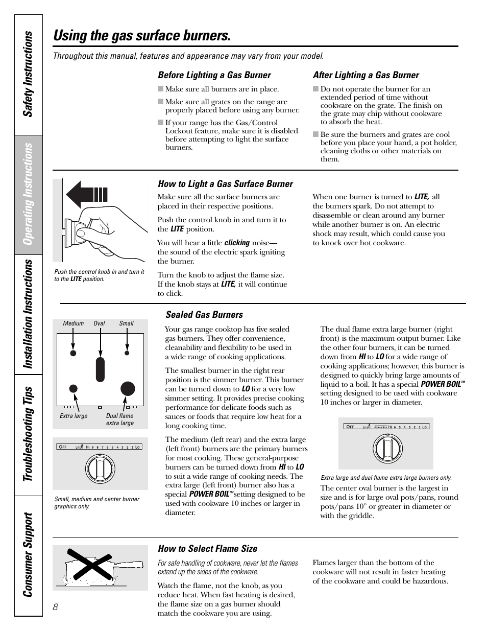 Surface cooking, Surface cooking –10, Using the gas surface burners | GE CGS980 User Manual | Page 8 / 60